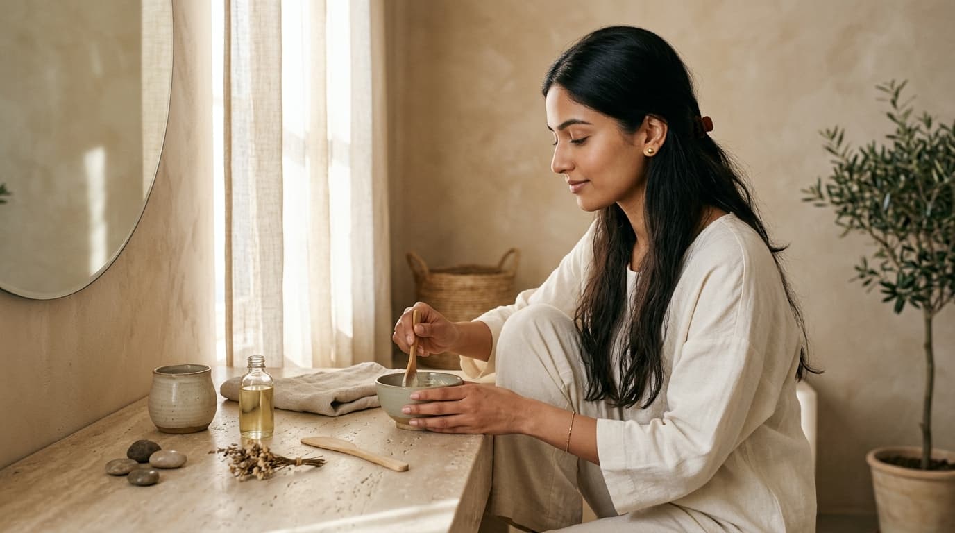 Serene self-care evening preparation in quiet warm interior