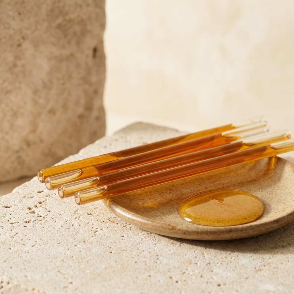 KHA Pure Honey Twigs raw forest honey straws on tasting dish and stone