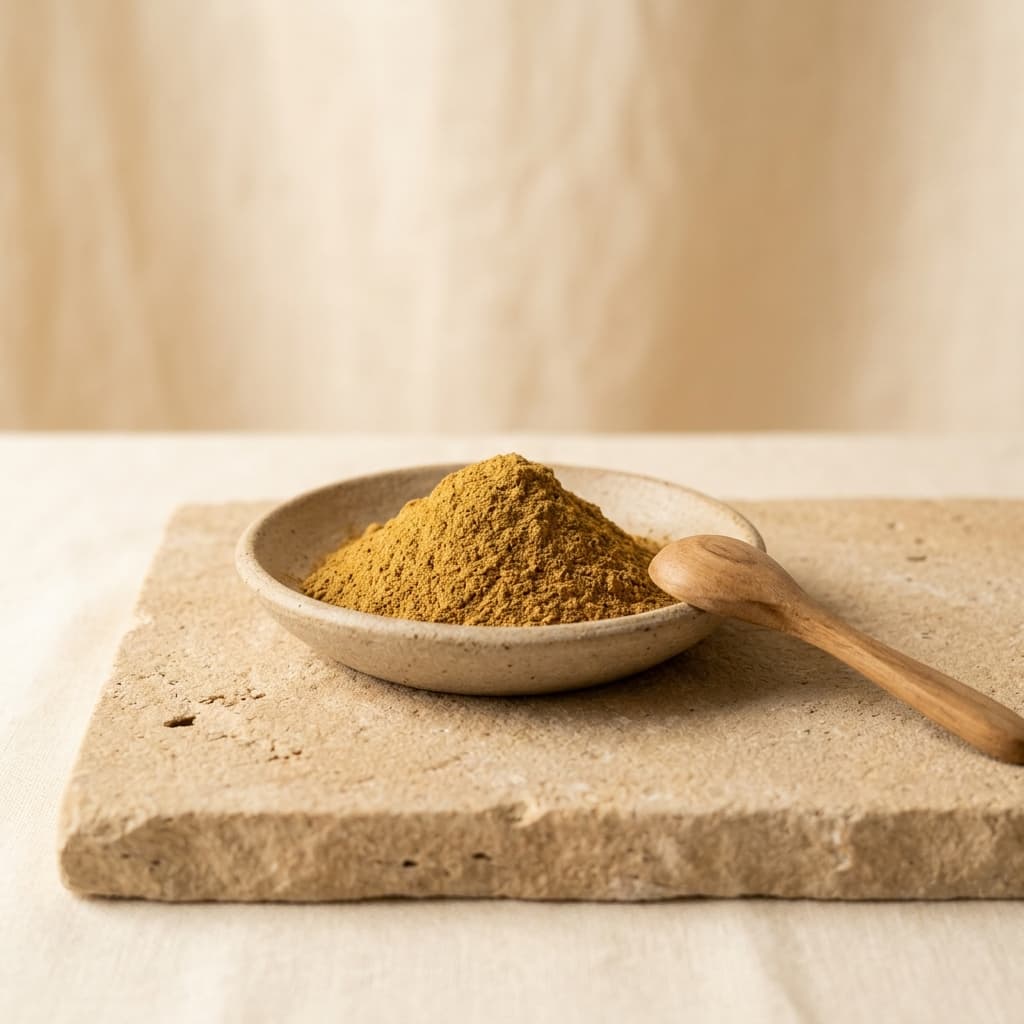 KHA Pure Jawadhu Powder botanical fragrance in ceramic dish with wood spoon