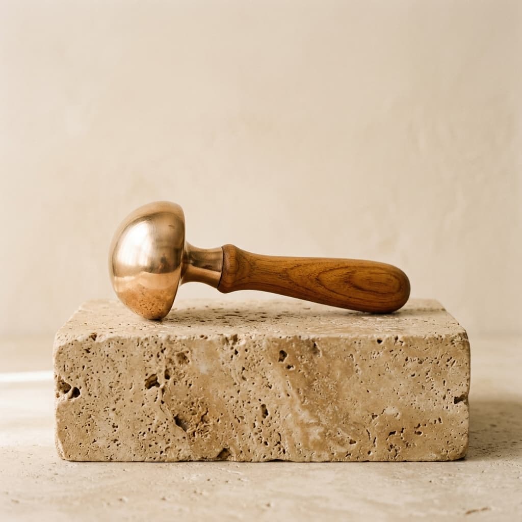 KHA Handcrafted Kansa Wand wellness massage tool on warm travertine