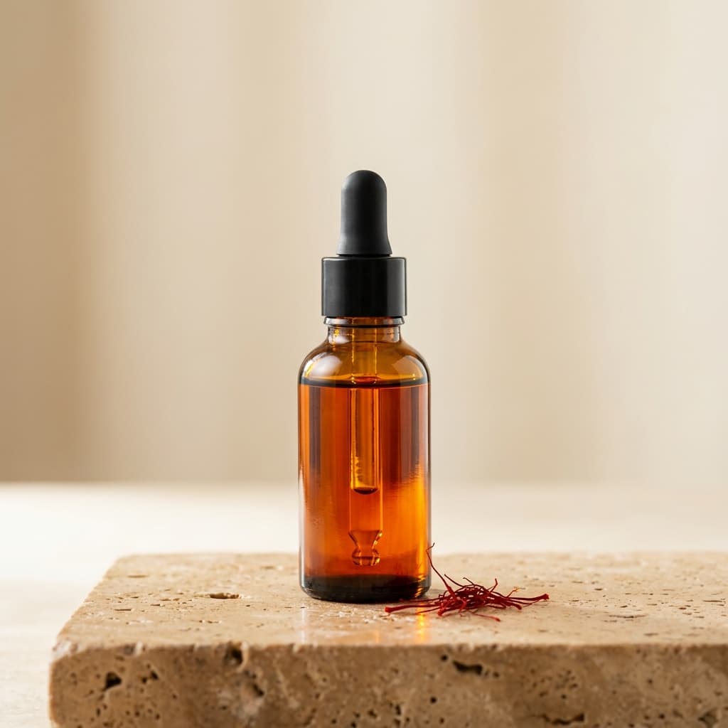 KHA Authentic Kumkumadi Tailam amber dropper bottle with saffron threads on travertine