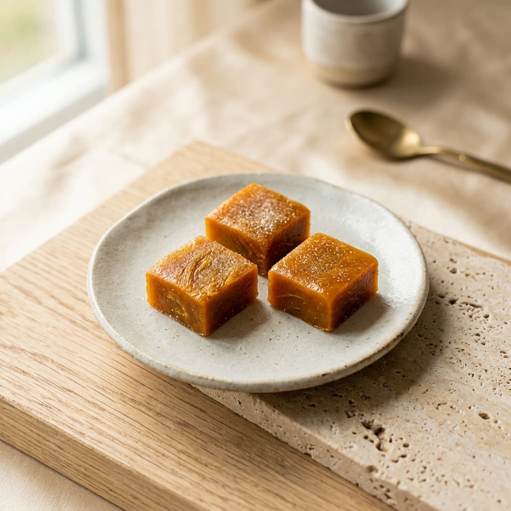 KHA Artisanal Mango Bites traditional fruit confection squares on ceramic saucer
