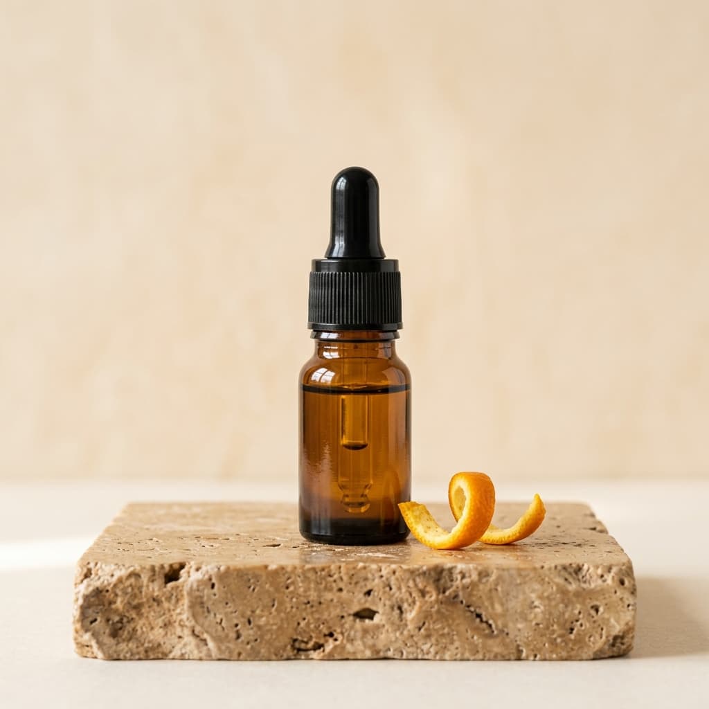 KHA Pure Orange Essential Oil amber dropper bottle with orange peel on travertine