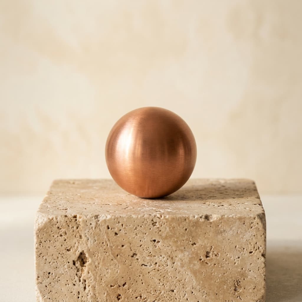 KHA Pure Copper Acupressure Ball tactile grounding sphere on travertine