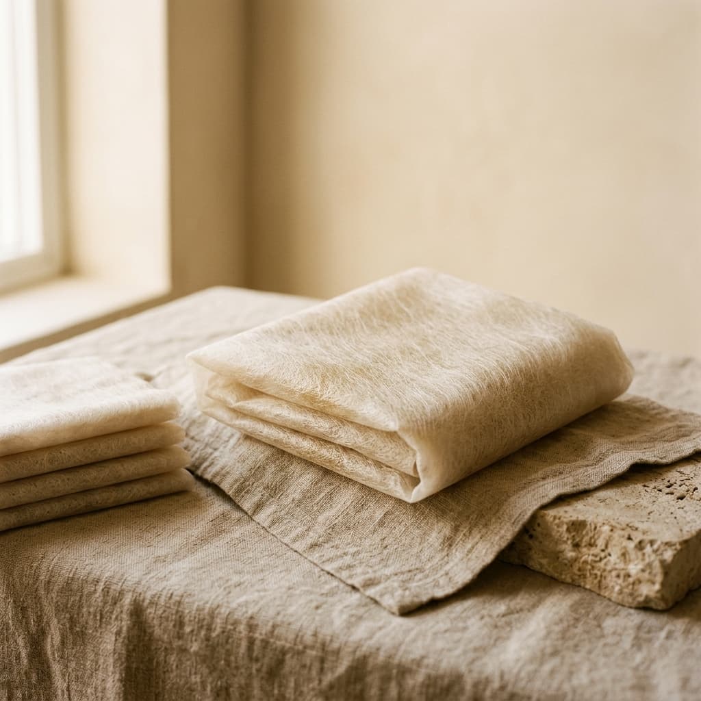 KHA Taral Oil-Infused Ritual Sheets folded botanical fibre cloth on natural linen
