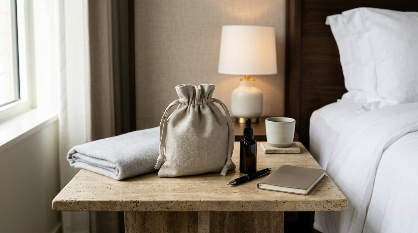 Travel recovery bedside with linen pouch, journal, and ambient light